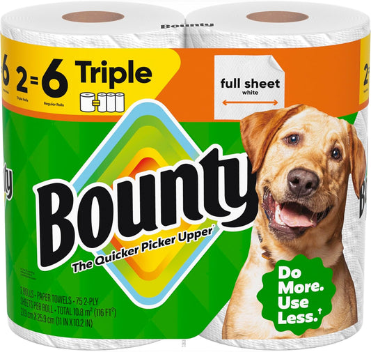 Bounty Full Sheet Paper Towels, White, 2 Triple Rolls = 6 Regular Rolls (Packaging May Vary)