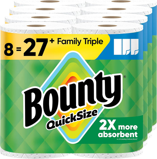 Bounty Quick-Size Paper Towels, White, 8 Family Triple Rolls = 27 Regular Rolls
